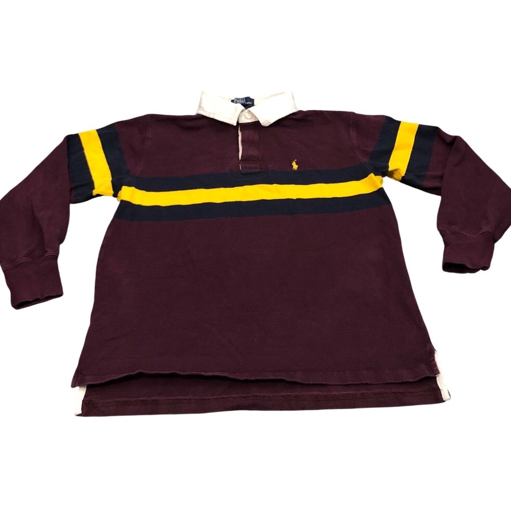 Polo Ralph Lauren Rugby Shirt Mens M Maroon Striped Long Sleeve Cotton EC641616